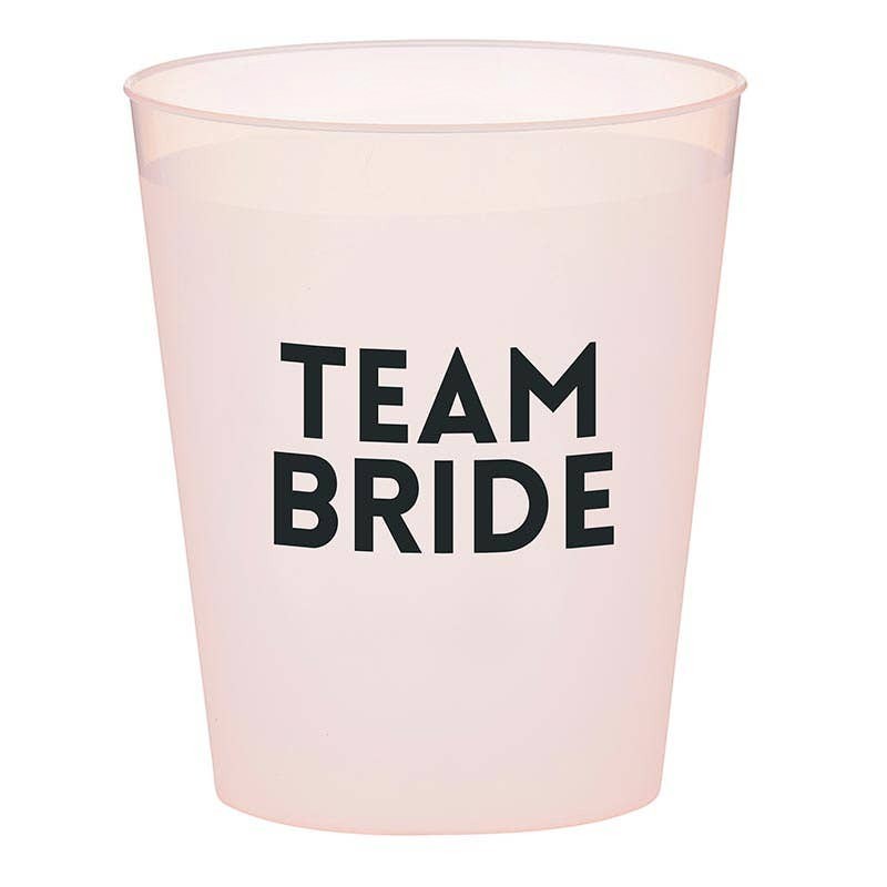 Mellow Monkey frosted plastic party cup with "TEAM BRIDE" in black text, perfect for bachelorette parties.