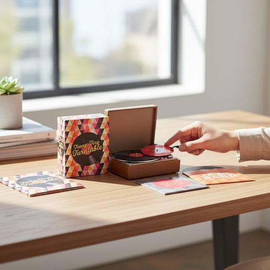 Mellow Monkey Teeny-Tiny Turntable mini record player kit with three miniature vinyl records on a wooden desk.