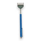 Mellow Monkey telescoping back scratcher with a blue patterned handle and metal rake head, featuring a pocket clip.