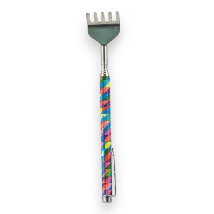 Mellow Monkey telescoping metal back scratchers with assorted colorful patterns and pocket clips