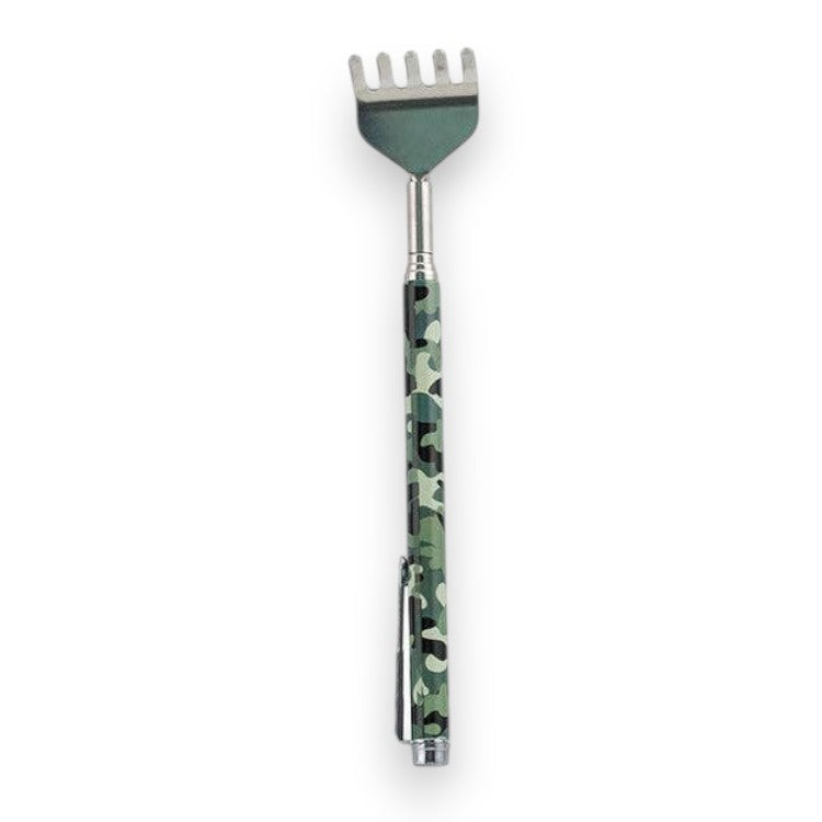 Mellow Monkey telescoping metal back scratcher with a green camouflage print handle and a convenient pocket clip.