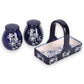 Mellow Monkey Temp-tations blue stoneware salt and pepper shakers with floral lace pattern and matching carry basket