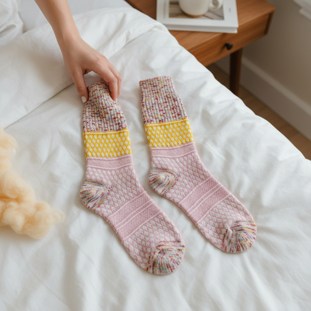 Mellow Monkey Whimsical Multi textured crew socks in soft pink with yellow and multi-colored speckled patterns.