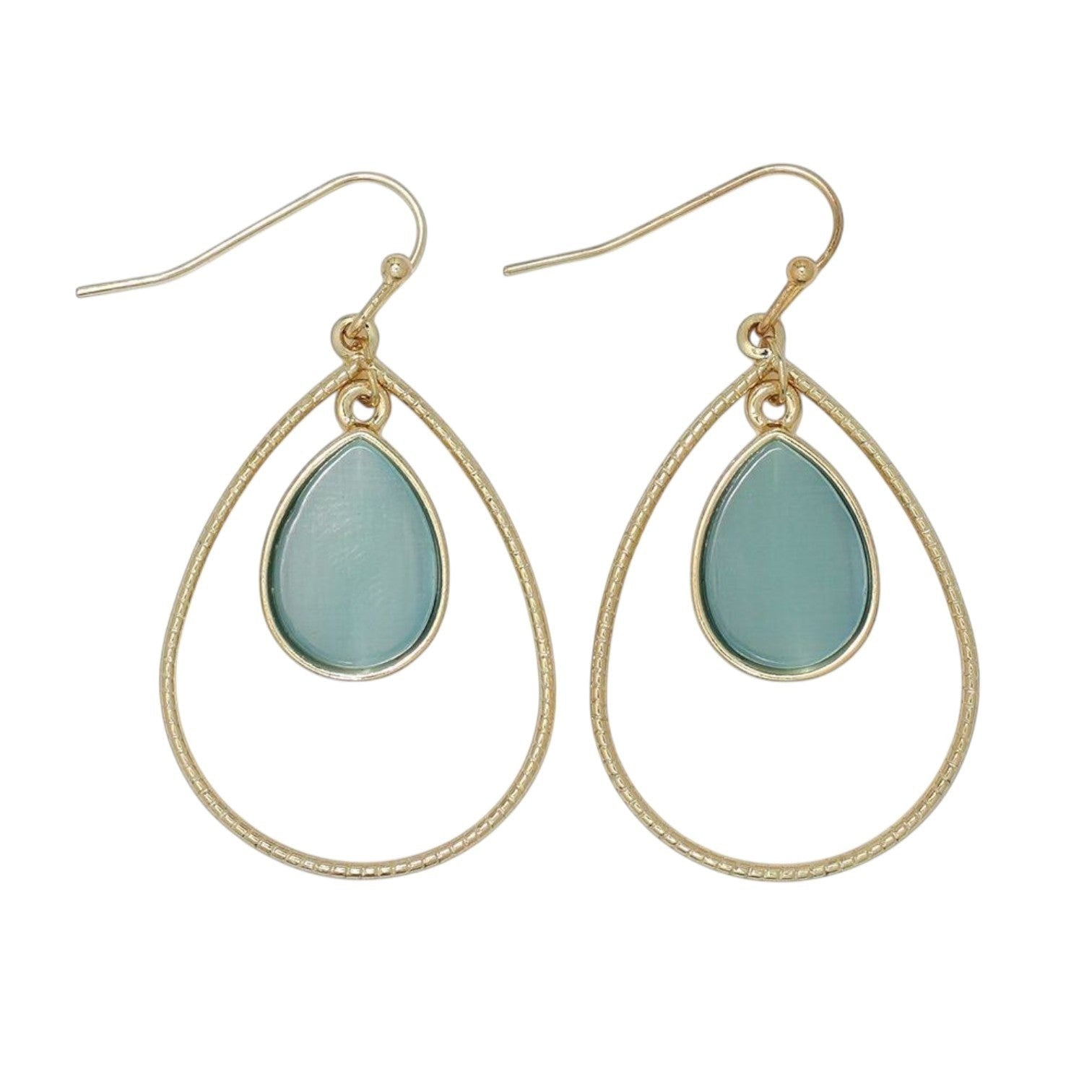 Mellow Monkey textured gold teardrop earrings with mint green dangle stones for a coastal beachy style.