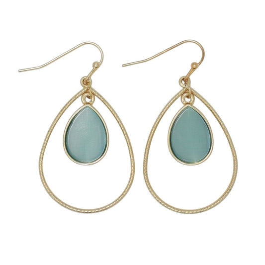 Mellow Monkey textured gold teardrop earrings with mint green dangle stones for a coastal beachy style.
