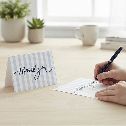 Mellow Monkey folded notecards with blue cabana stripes and navy script "thank you" text. Set of 10.