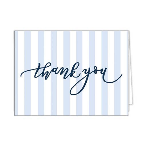 Mellow Monkey folded notecards with navy blue script "thank you" on light blue cabana stripes. Set of 10.