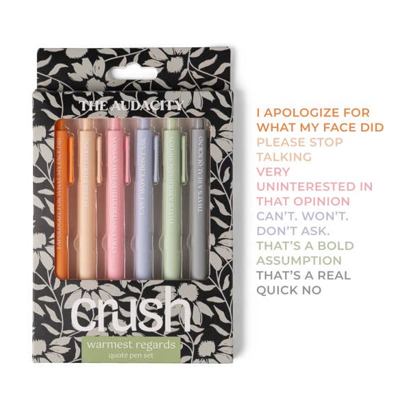 Mellow Monkey Crush The Audacity quote pen set featuring six colorful click ballpoint pens with sassy text