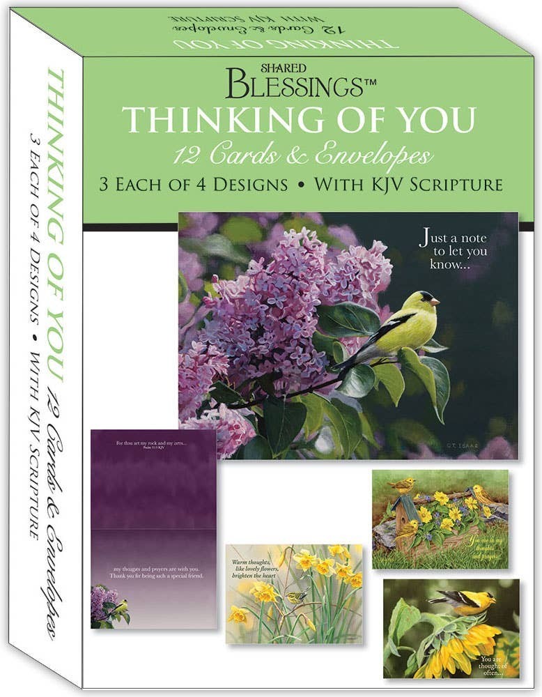 Mellow Monkey Thinking of You boxed greeting cards featuring floral and bird illustrations with KJV scripture verses.