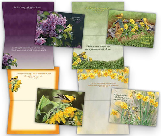 Mellow Monkey Thinking of You boxed greeting cards featuring floral and bird illustrations with KJV scripture verses.