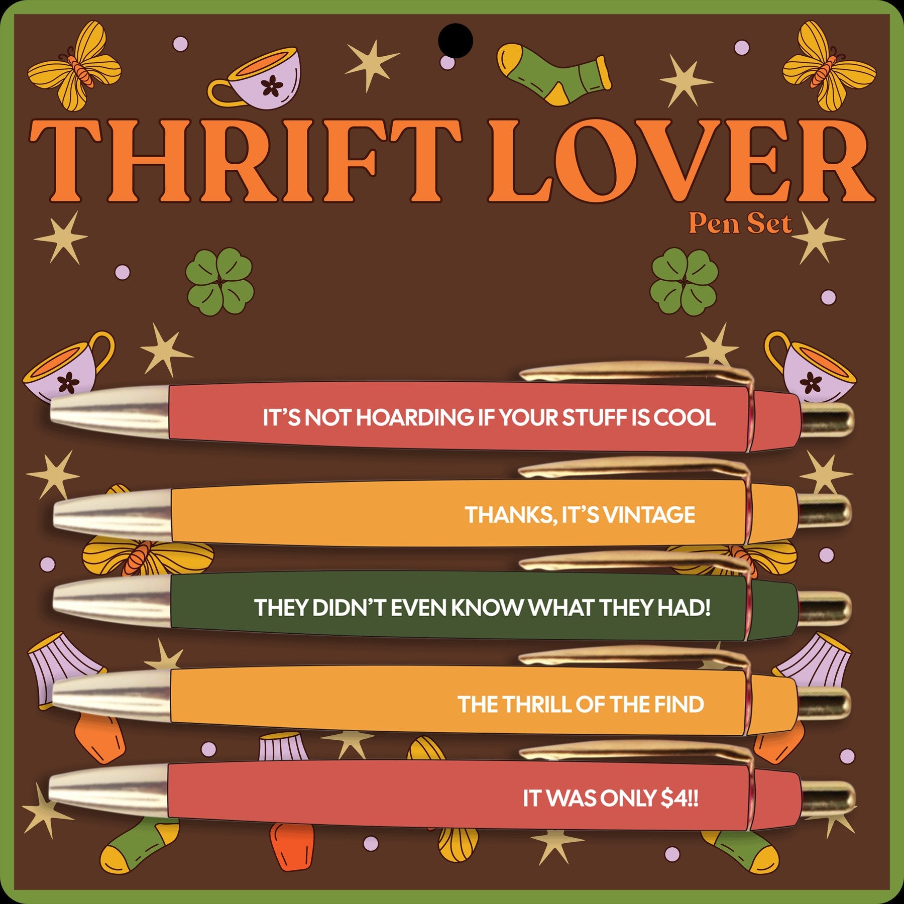 Mellow Monkey Thrift Lover 5-pen set in red, orange, and green with vintage thrift-themed phrases.