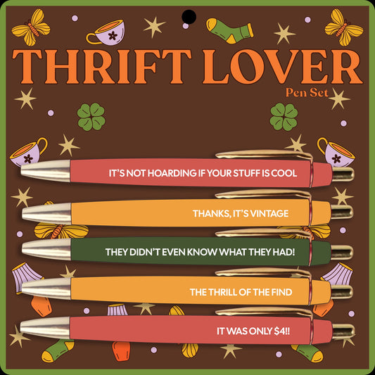 Mellow Monkey Thrift Lover 5-pen set in red, orange, and green with vintage thrift-themed phrases.