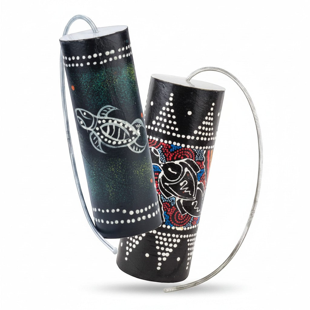 Mellow Monkey Thunder Drum musical instrument with turtle design, 8" tall, black with white, red, and blue dot art.
