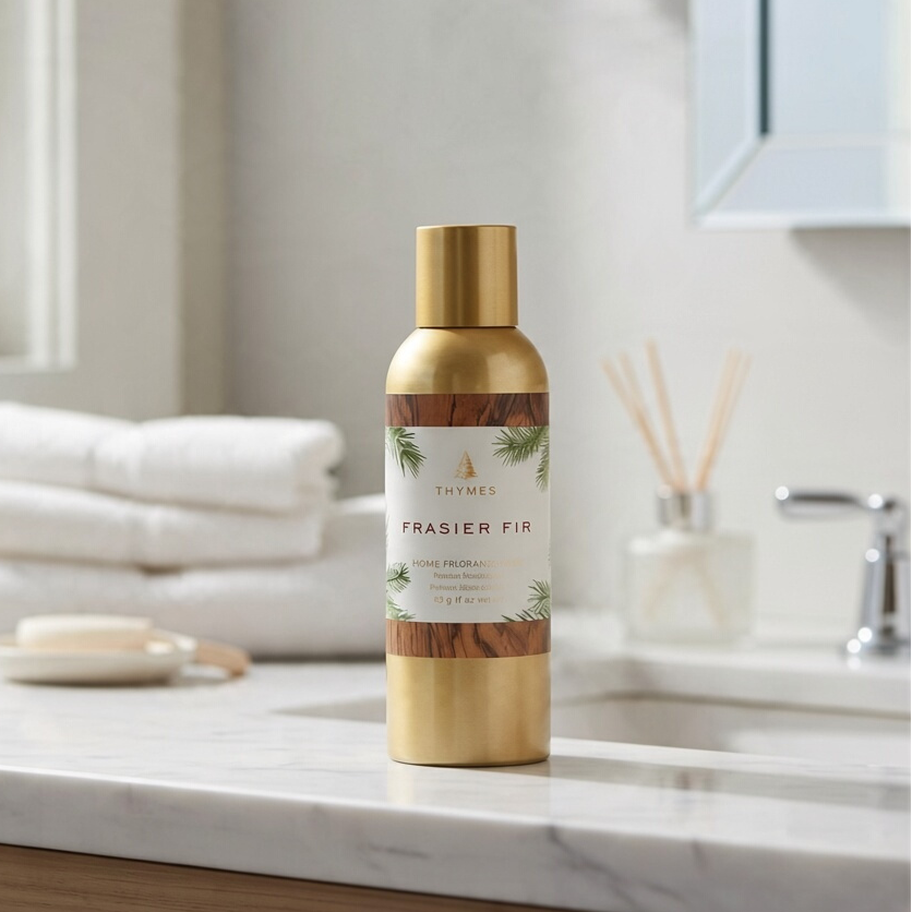 Mellow Monkey Thymes Frasier Fir home fragrance mist in a gold bottle on a marble bathroom vanity with white towels.
