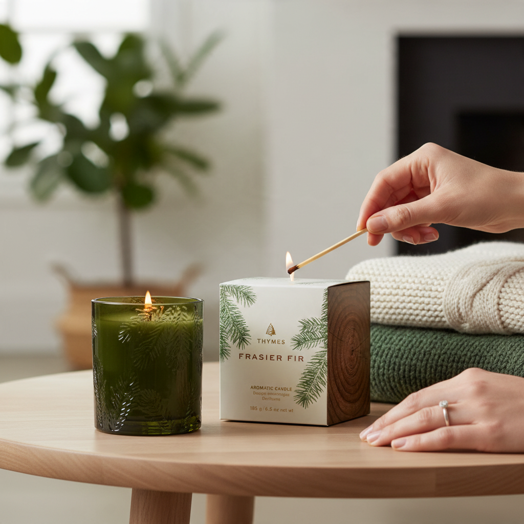 Mellow Monkey Thymes Frasier Fir candle in a green glass jar being lit on a wooden table with a cozy sweater.