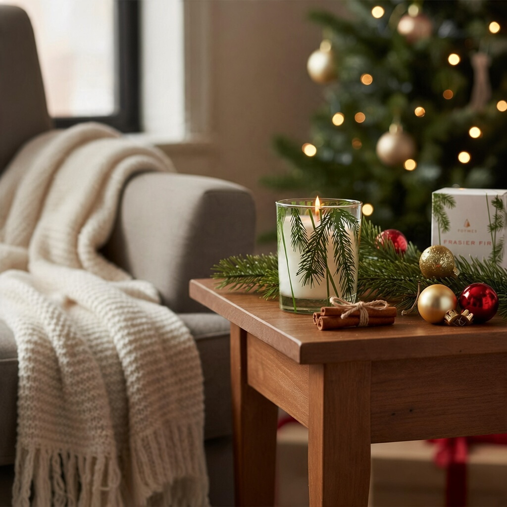 Mellow Monkey Thymes Frasier Fir votive candle in a glass jar with pine needle design on a festive holiday side table