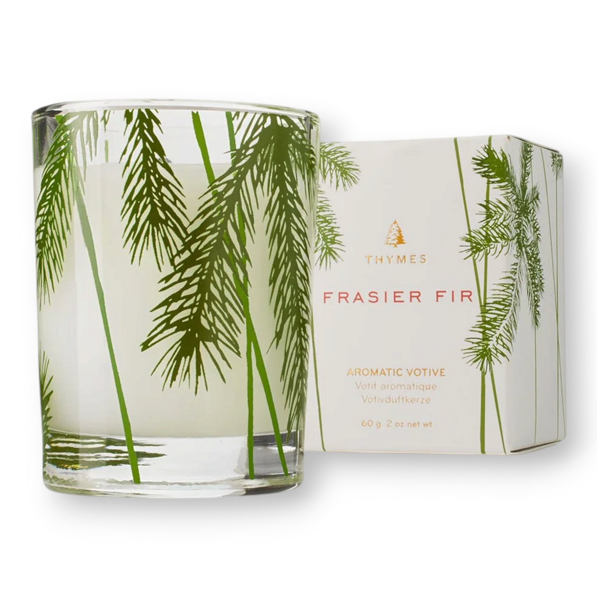 Mellow Monkey Thymes Frasier Fir 2-oz votive candle in a glass jar with green pine needle print and matching box