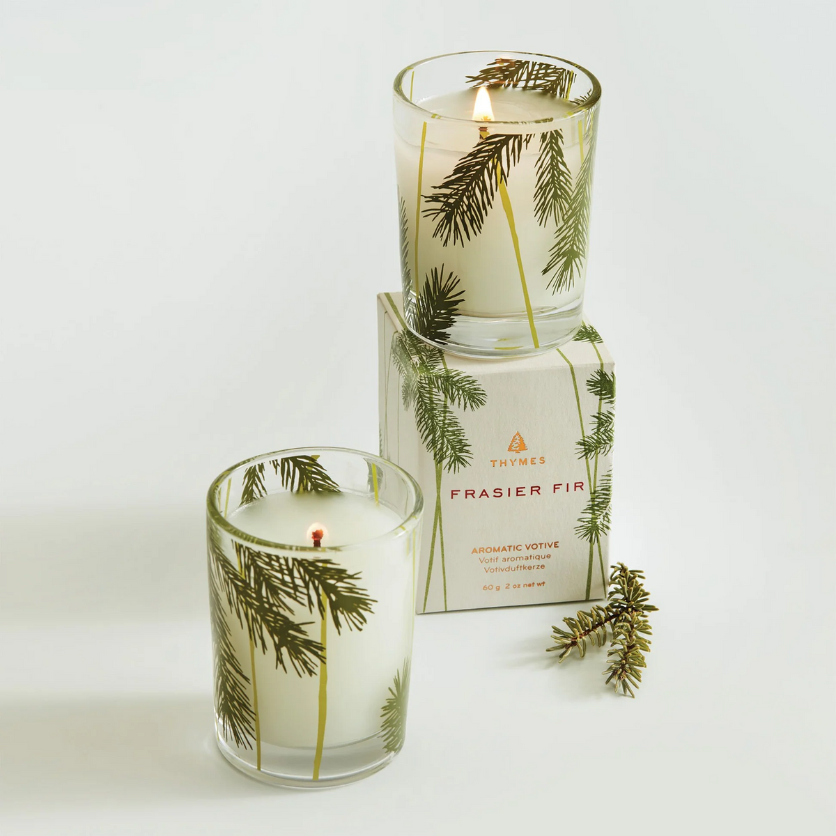 Mellow Monkey Thymes Frasier Fir pine needle votive candle set with festive glass holders and matching gift box