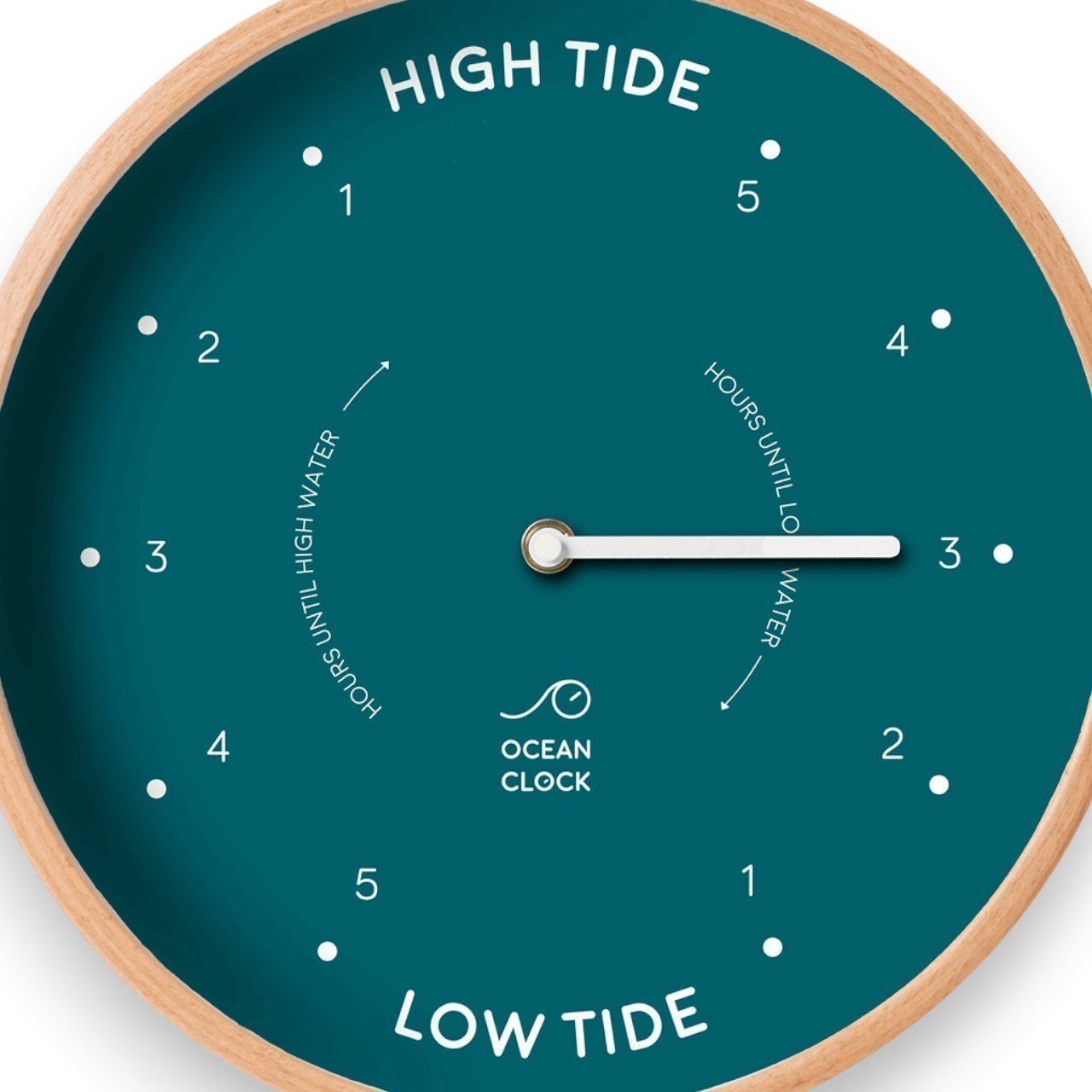 Mellow Monkey 12-inch Peacock Wood Sailor Tide Clock with white hands and a teal face indicating hours until high or low tide.