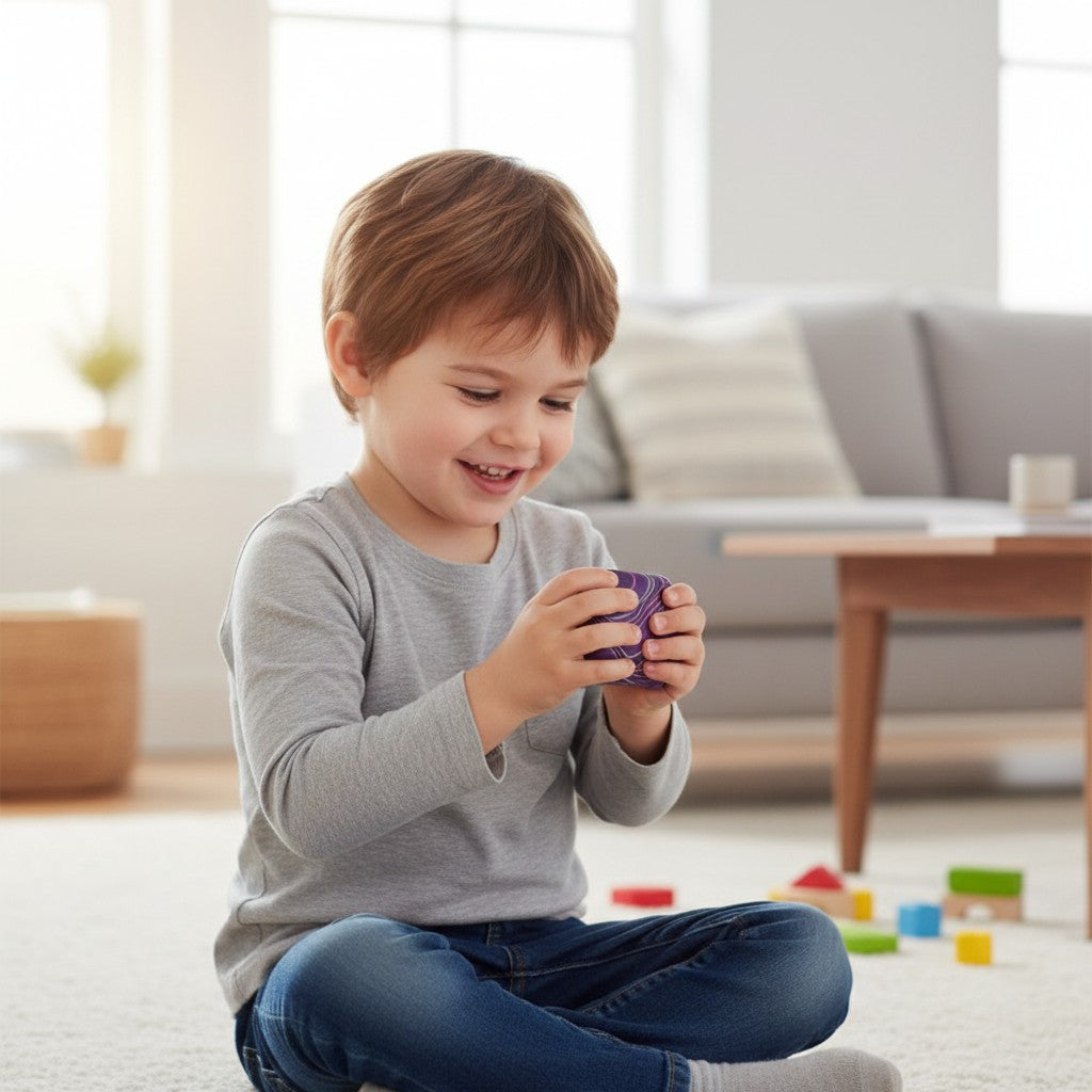 A young boy smiling while playing with a purple Mellow Monkey tie-dye squeezy cube stress relief toy on a rug.