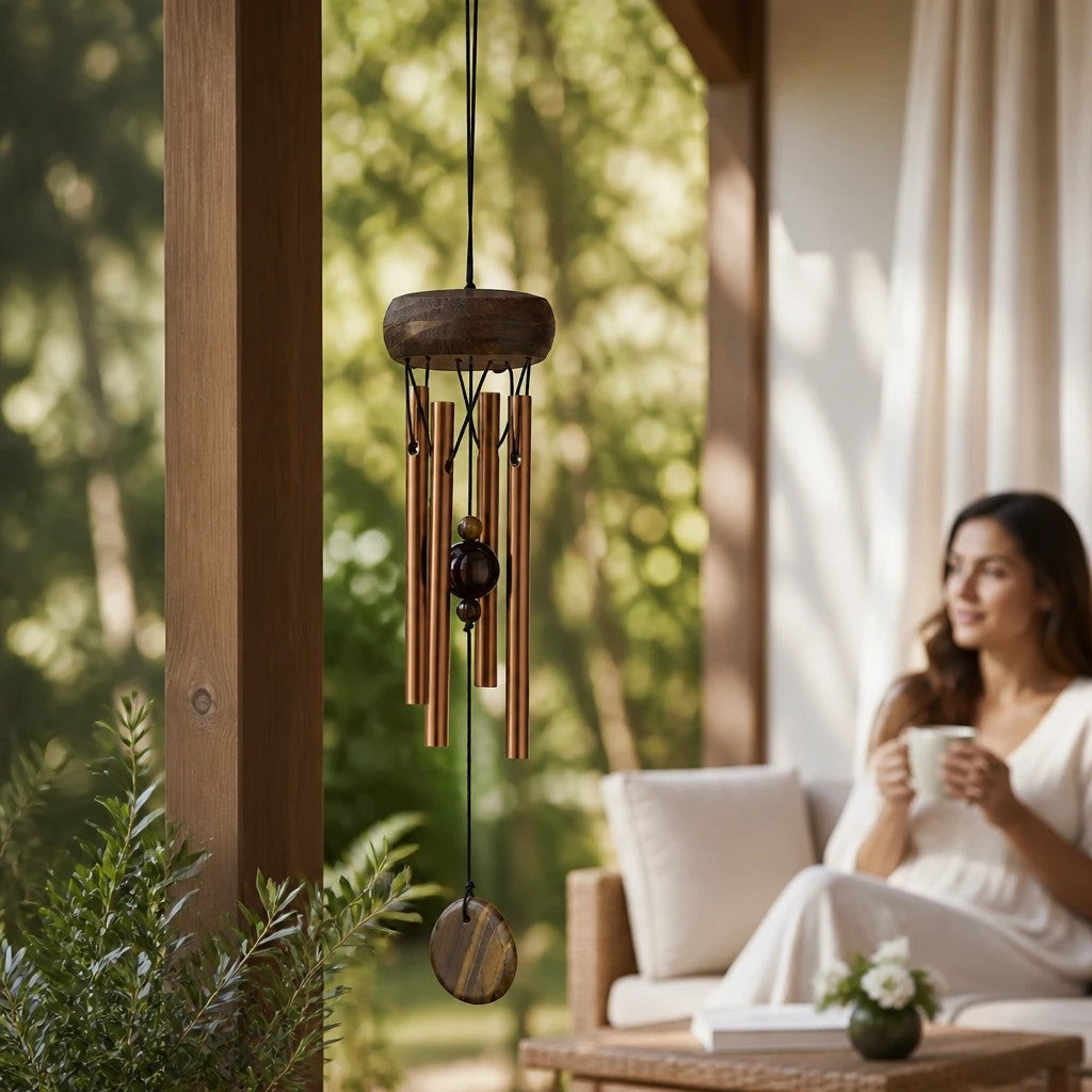 Mellow Monkey Tiger's Eye mini wind chime with wooden canopy and aluminum tubes hanging on a serene garden patio.