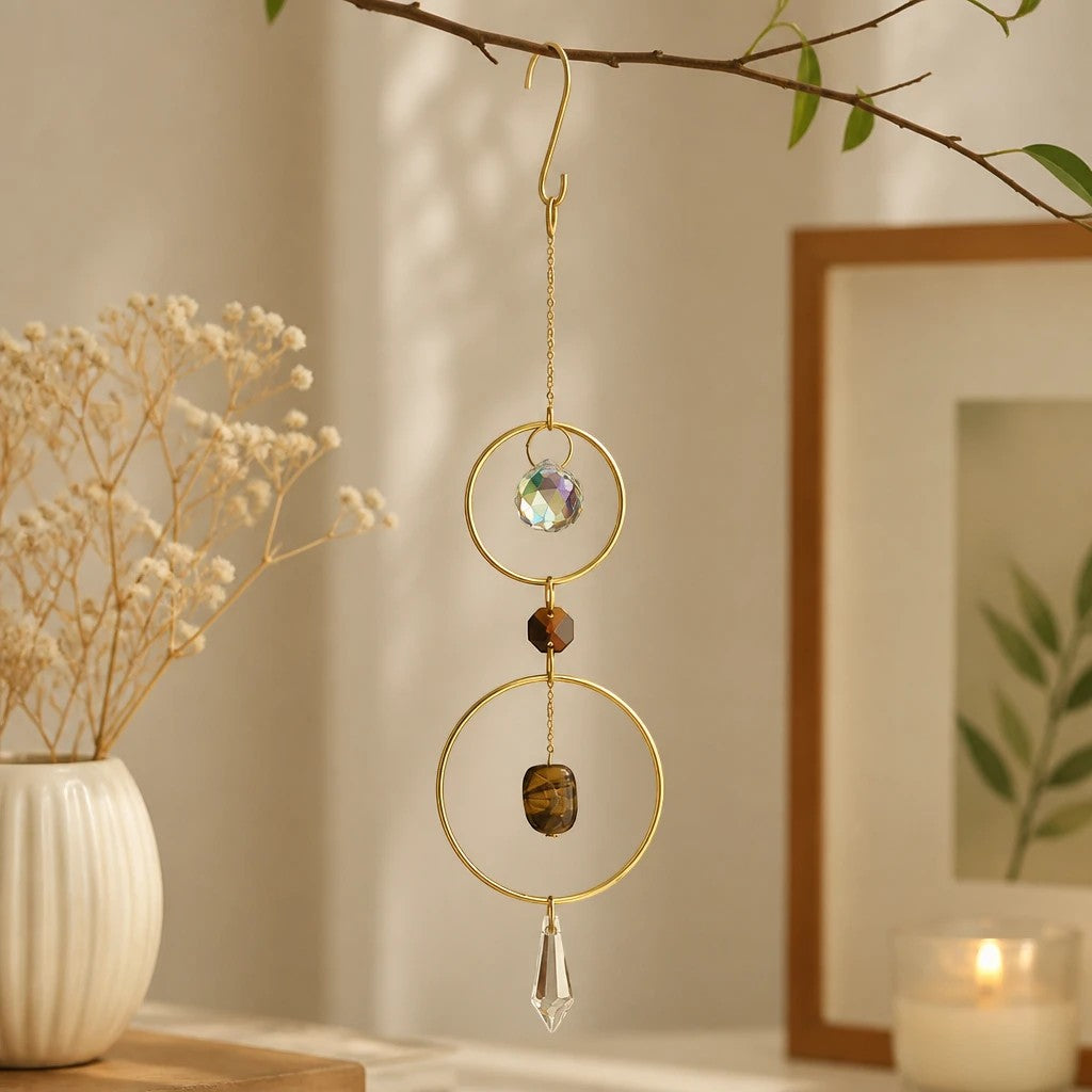 Mellow Monkey Tiger's Eye healing suncatcher with bronze rings, crystals, and a hanging hook for window decor.