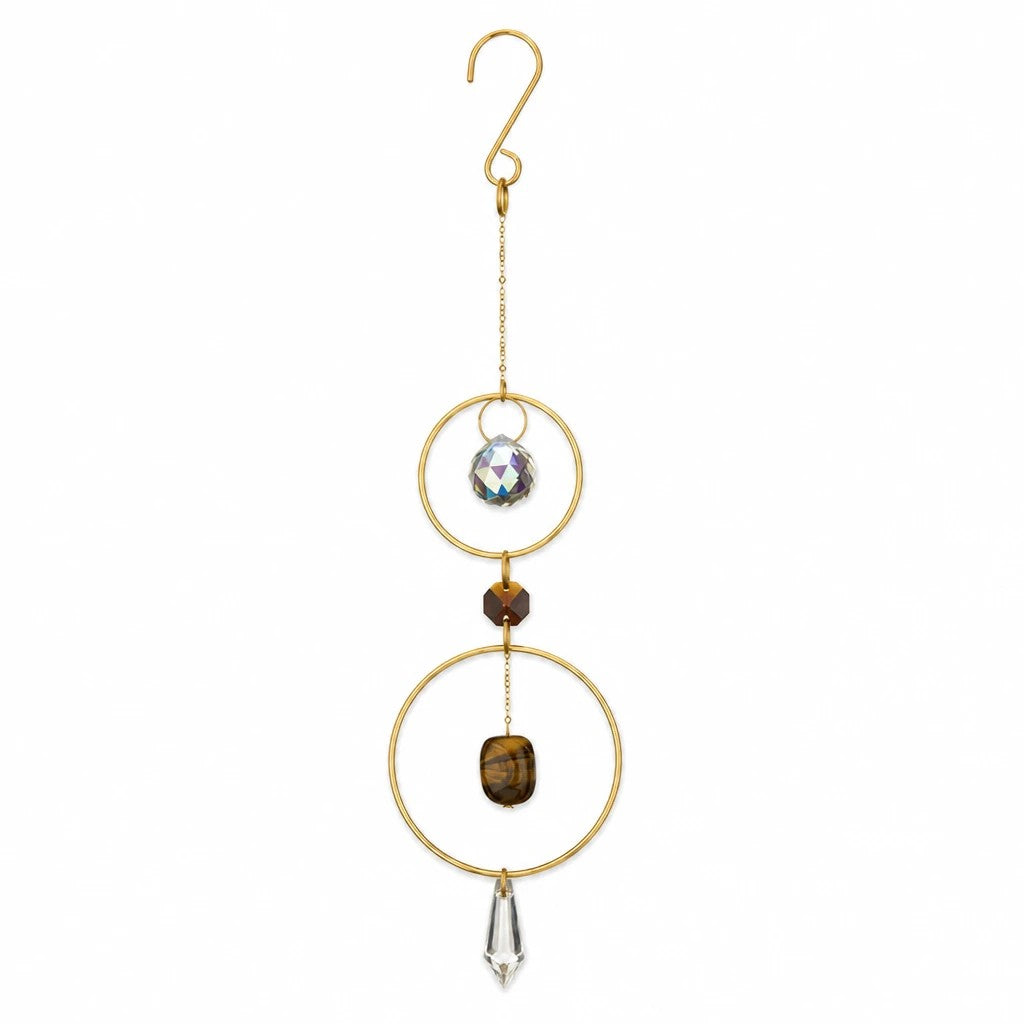 Mellow Monkey Tiger's Eye healing suncatcher with bronze rings, crystal prisms, and a hanging hook.