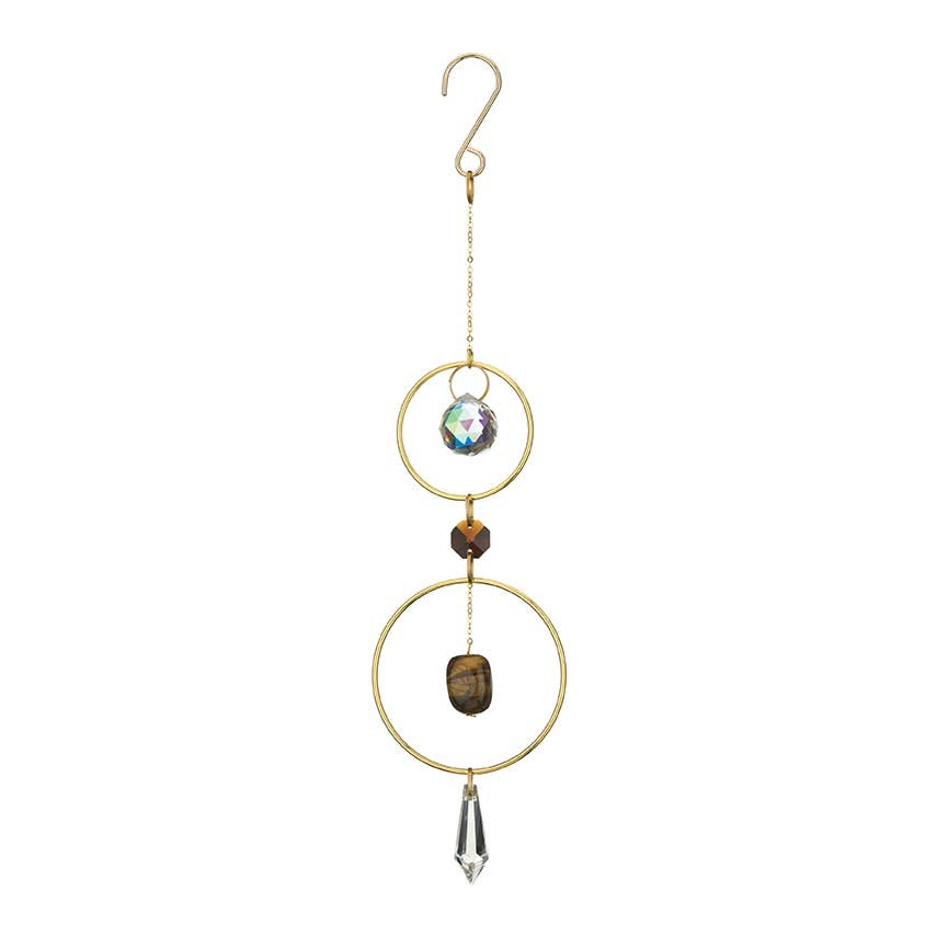 Mellow Monkey Tiger's Eye healing suncatcher with bronze rings, crystal prism, and semi-precious stone ornament.