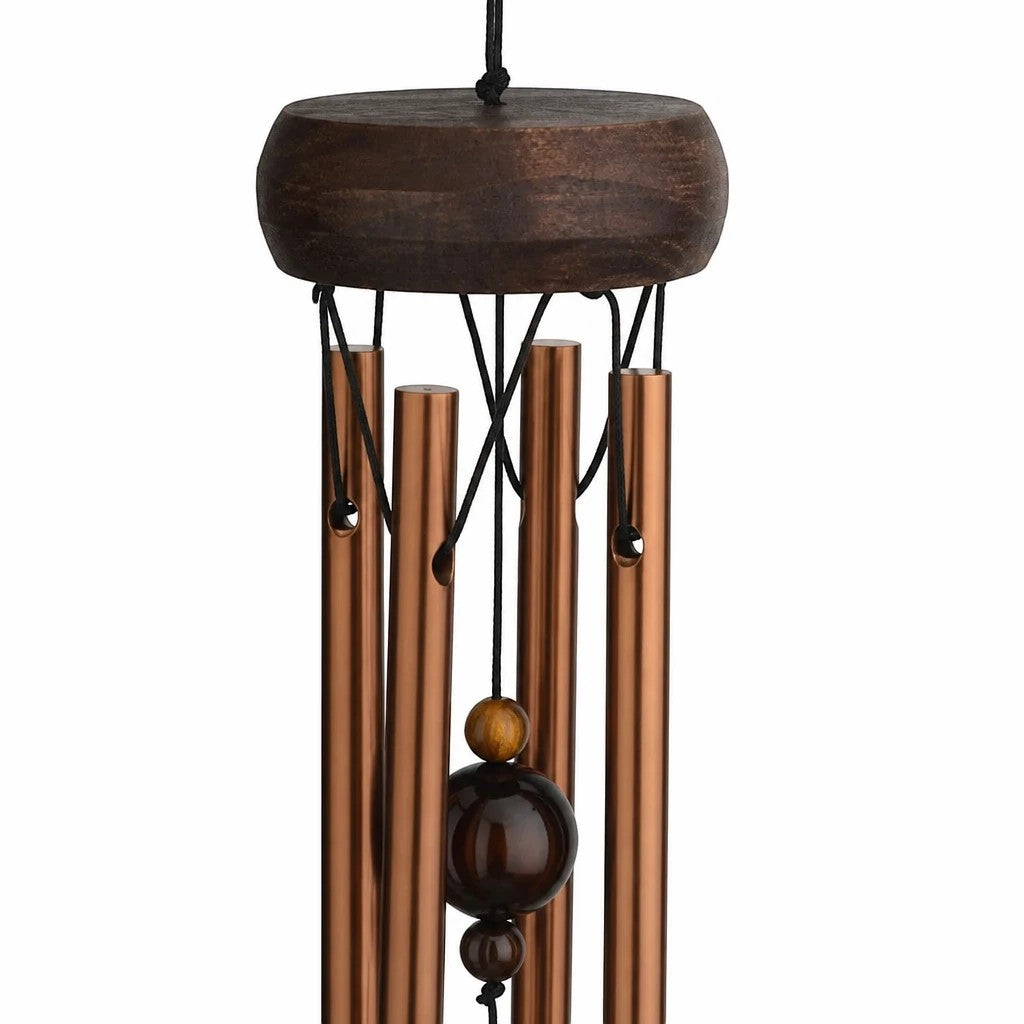 Mellow Monkey mini wind chime with copper-toned aluminum tubes, dark wood canopy, and Tiger's Eye healing stones.