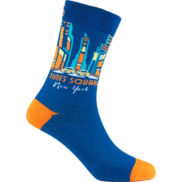 Mellow Monkey Times Square bamboo knit socks in blue with yellow taxi and NYC skyline graphic print