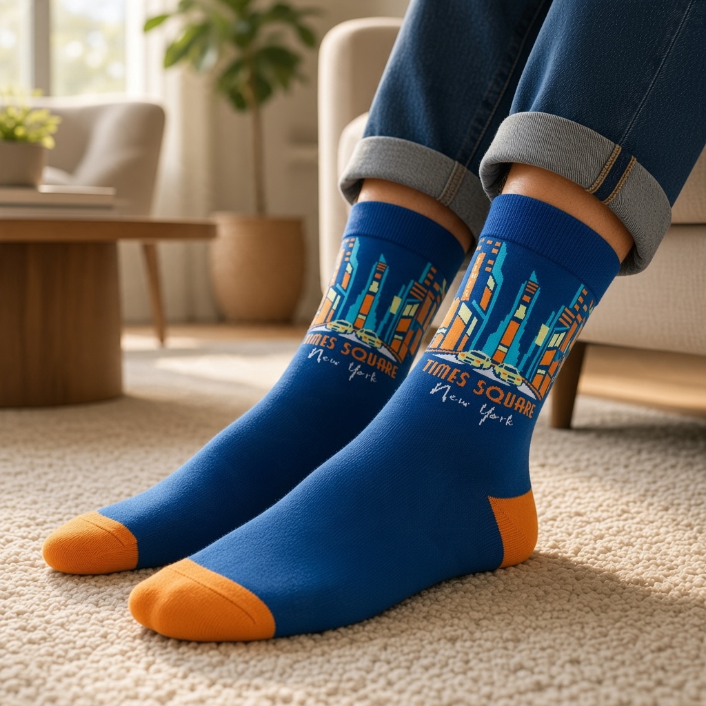 Mellow Monkey blue bamboo knit socks featuring a Times Square New York city skyline and yellow taxi graphic design