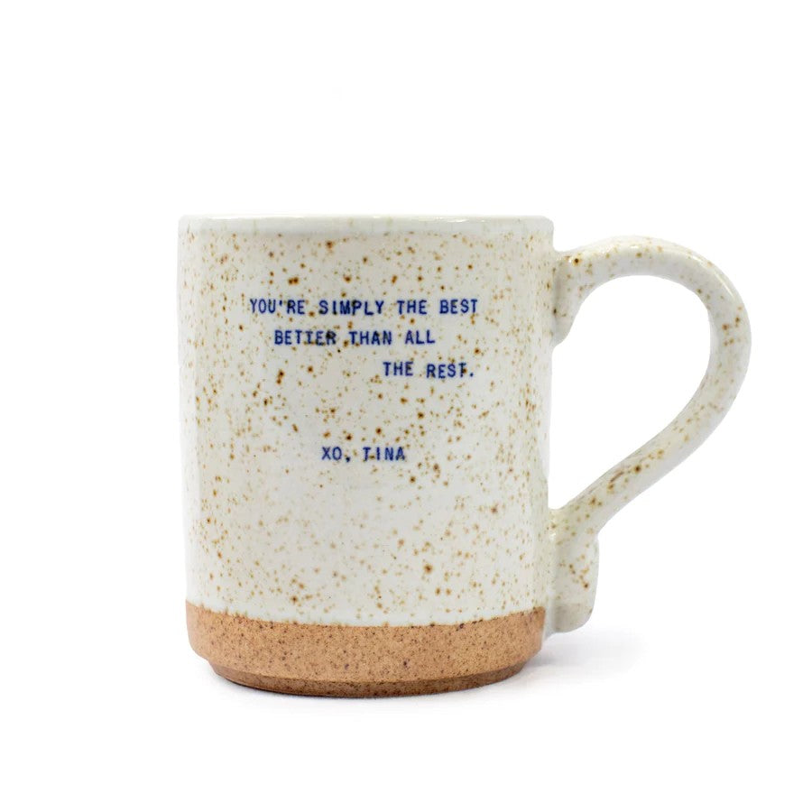 Mellow Monkey XO Tina mug in speckled cream ceramic with blue Simply The Best lyrics and a raw clay base