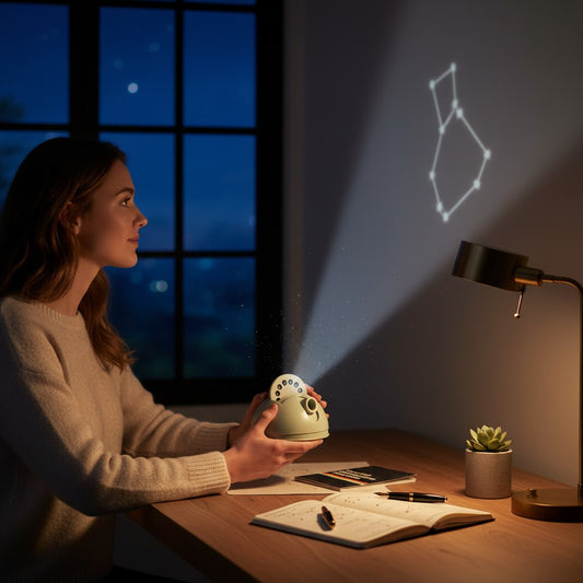 Mellow Monkey Tiny Planetarium projecting a constellation on a wall while a woman watches in a dimly lit room