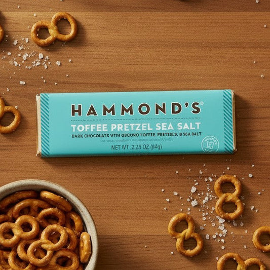 Mellow Monkey Toffee Pretzel Sea Salt dark chocolate bar with pretzels and sea salt.