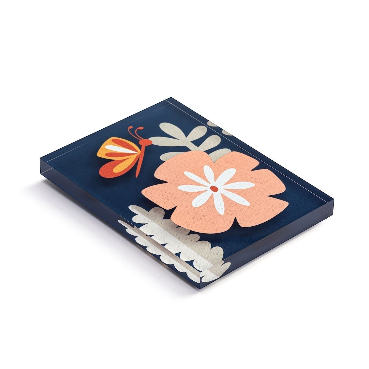 Mellow Monkey Together Tile acrylic wall art, 5x7-in, featuring a navy background with a coral flower, white accents, and a yellow and orange butterfly.