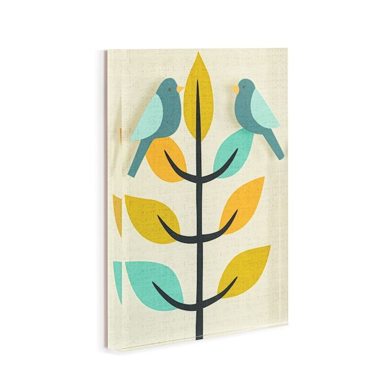 Mellow Monkey Together Tile Acrylic Wall Art, 5x7 inches, featuring two blue birds perched on a stylized tree with teal and yellow leaves.