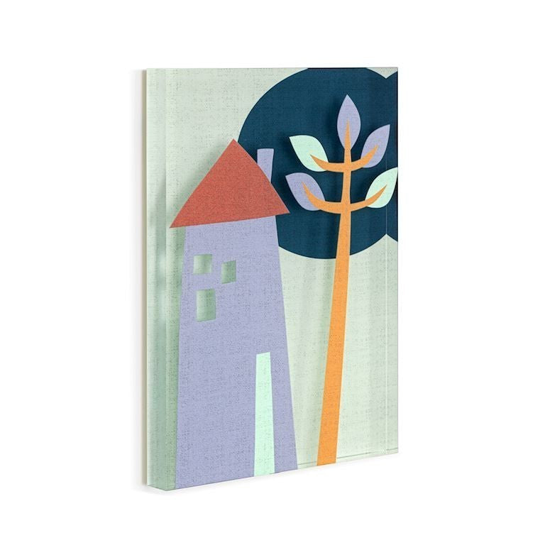 Mellow Monkey Together Tile acrylic wall art featuring a whimsical house and tree design with a dark blue circle background.