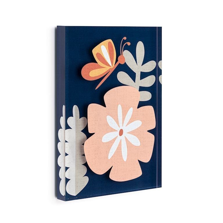 Mellow Monkey Together Tile Acrylic Wall Art, 5x7-in, featuring a peach flower, white accents, and a butterfly on a navy background.