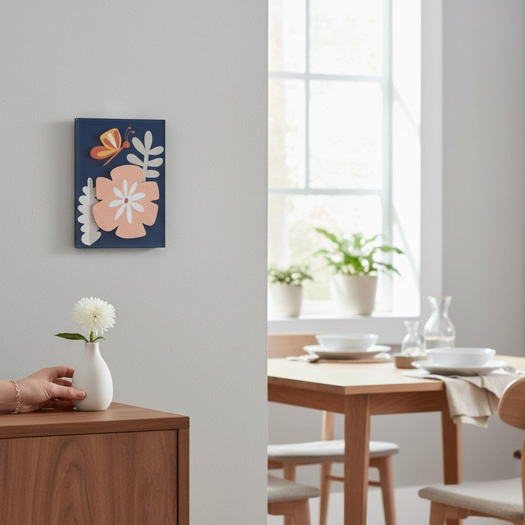Mellow Monkey Together Tile acrylic wall art with peach flower, white accents, and orange butterfly on navy background. 5x7-in.
