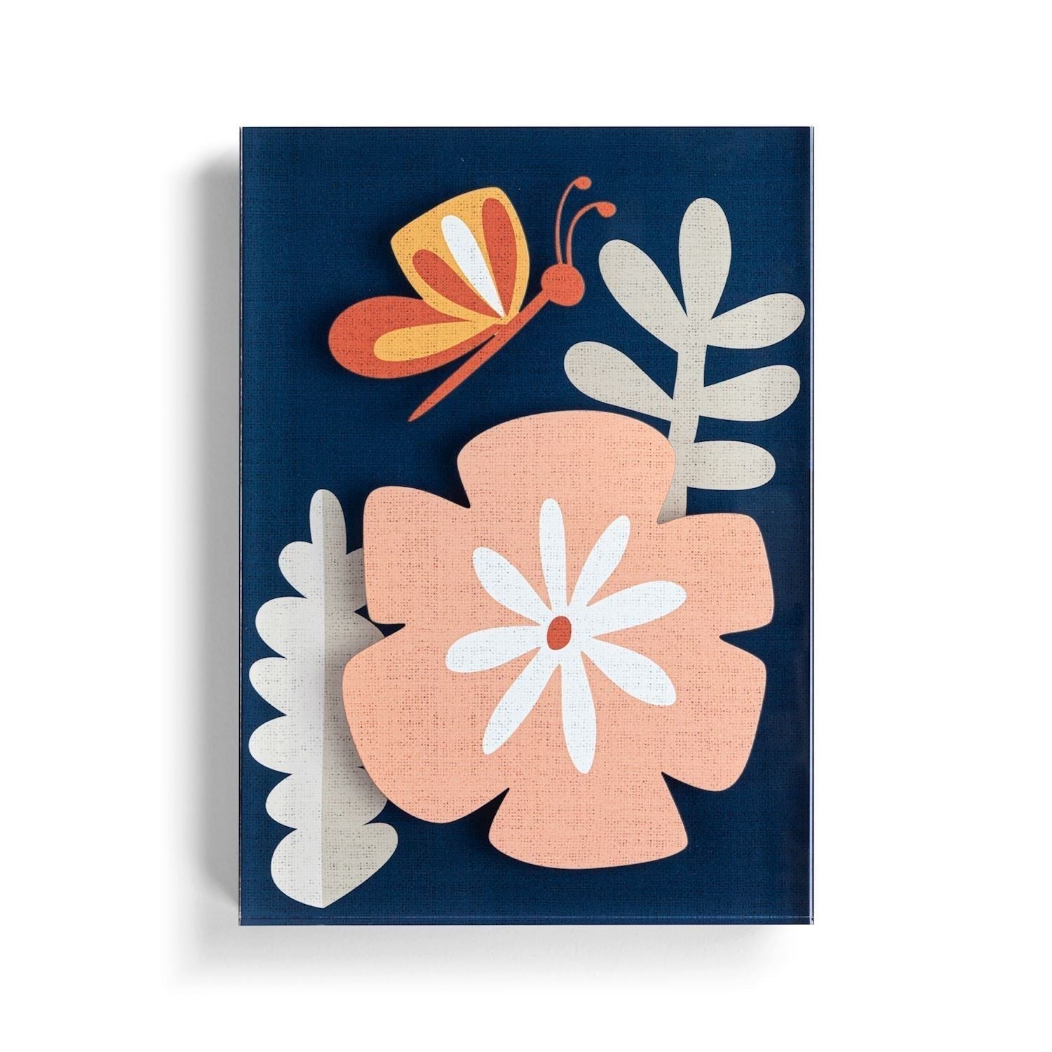 Mellow Monkey Together Tile acrylic wall art with a peach flower, white leaves, and orange butterfly on navy background.