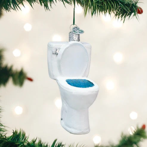 Mellow Monkey The Throne old world Christmas blown glass holiday ornament, white toilet with blue glitter seat, 3.75-in