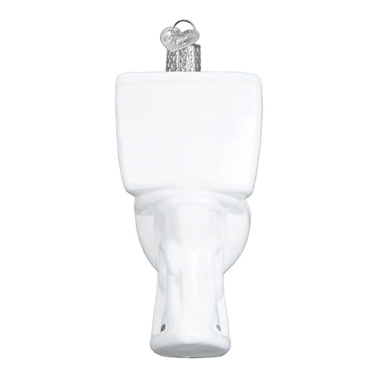 Mellow Monkey white blown glass toilet ornament, 3.75-in, with silver cap and heart charm.