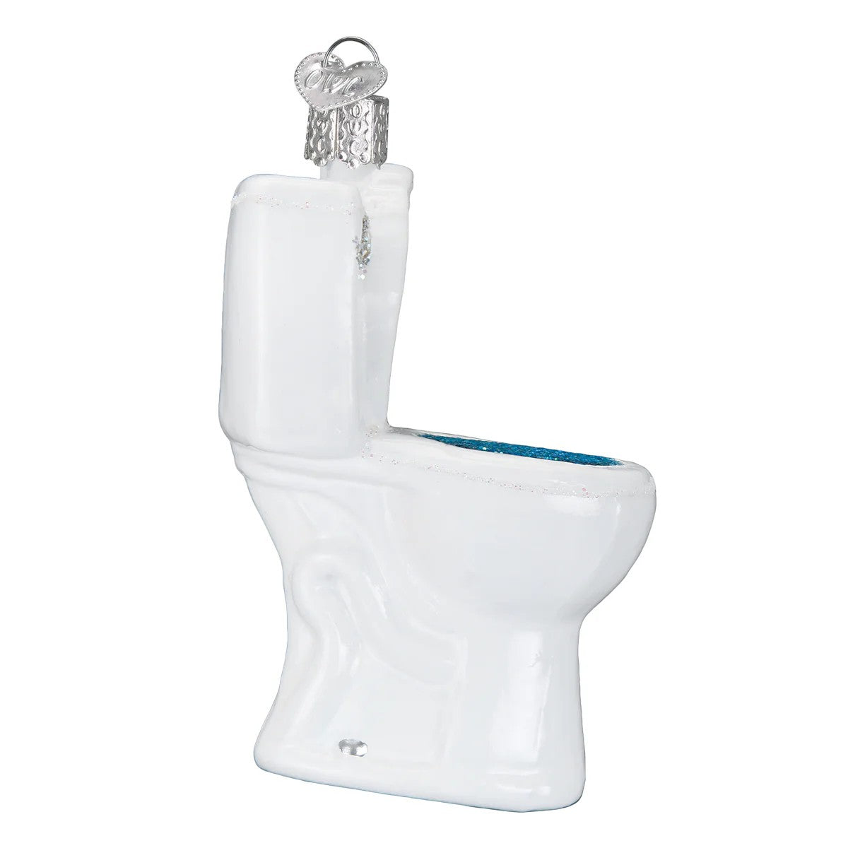 Mellow Monkey white blown glass toilet ornament with blue glitter interior and silver hanging loop.