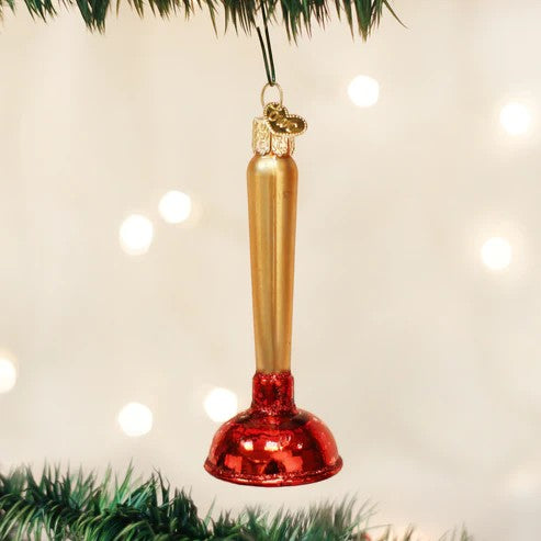Mellow Monkey Old World Christmas blown glass toilet plunger ornament, gold handle and red glittery base.