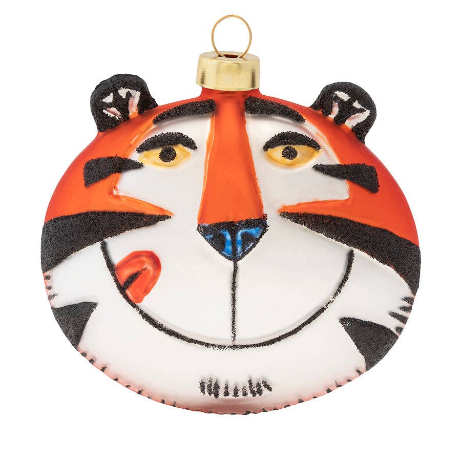 Mellow Monkey Tony the Tiger glass Christmas ornament featuring his iconic orange fur and black stripes
