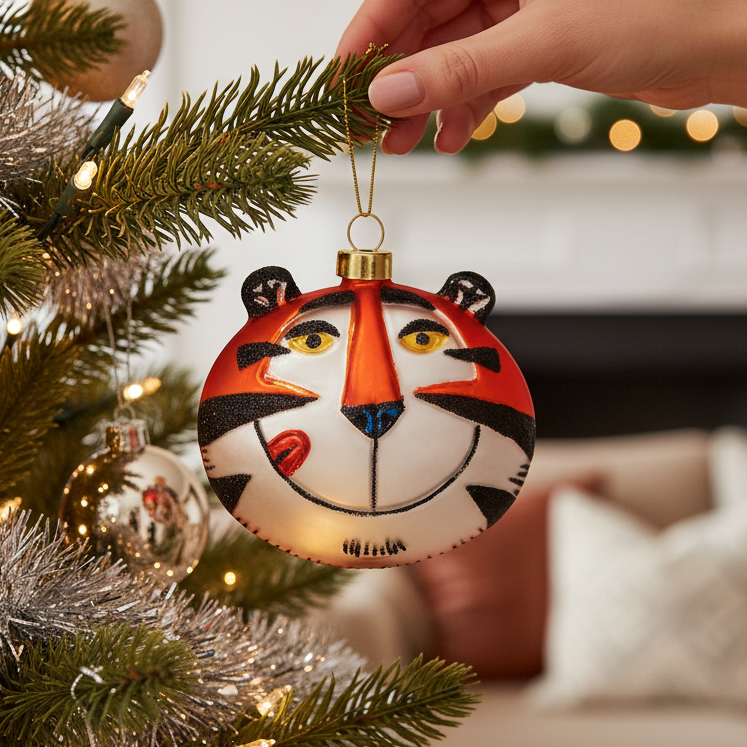 Mellow Monkey Tony the Tiger glass Christmas ornament hanging on a decorated tree with a hand holding the gold loop