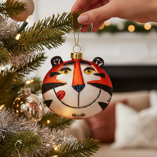 Mellow Monkey Tony the Tiger glass Christmas ornament hanging on a decorated tree with a hand holding the gold loop