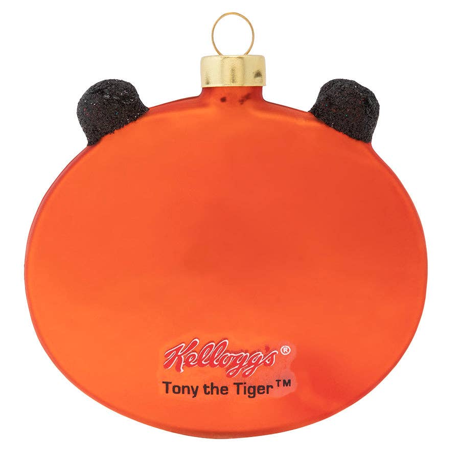 Mellow Monkey Kellogg's Tony the Tiger glass Christmas ornament with orange finish and black ears