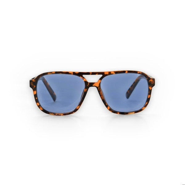 Mellow Monkey Be Cool Optimum Optical Sunglasses with tortoise shell frames and blue UV-protected lenses.
