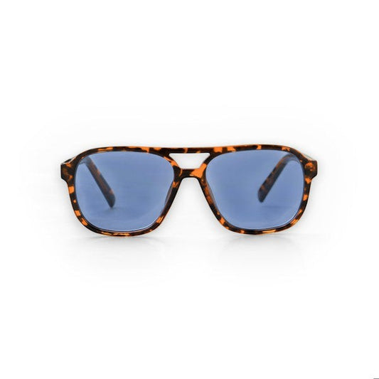Mellow Monkey Be Cool Optimum Optical Sunglasses with tortoise shell frames and blue UV-protected lenses.